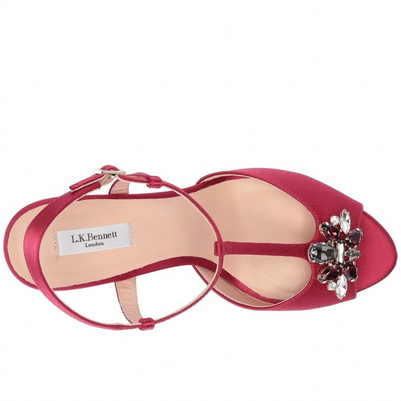 L.K.Bennett Yvette Red Embellished Stiletto Sandal Raspberry Satin Heel Pump - Picture 4 of 11